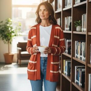 Stitch Fix Love Ellie Open Front Fall Cardigan Pockets Striped Orange White L